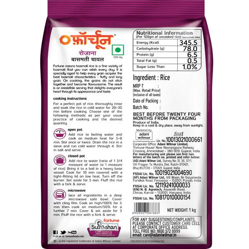Fortune Basmati Rice - Rozana, 1 kg Pouch
